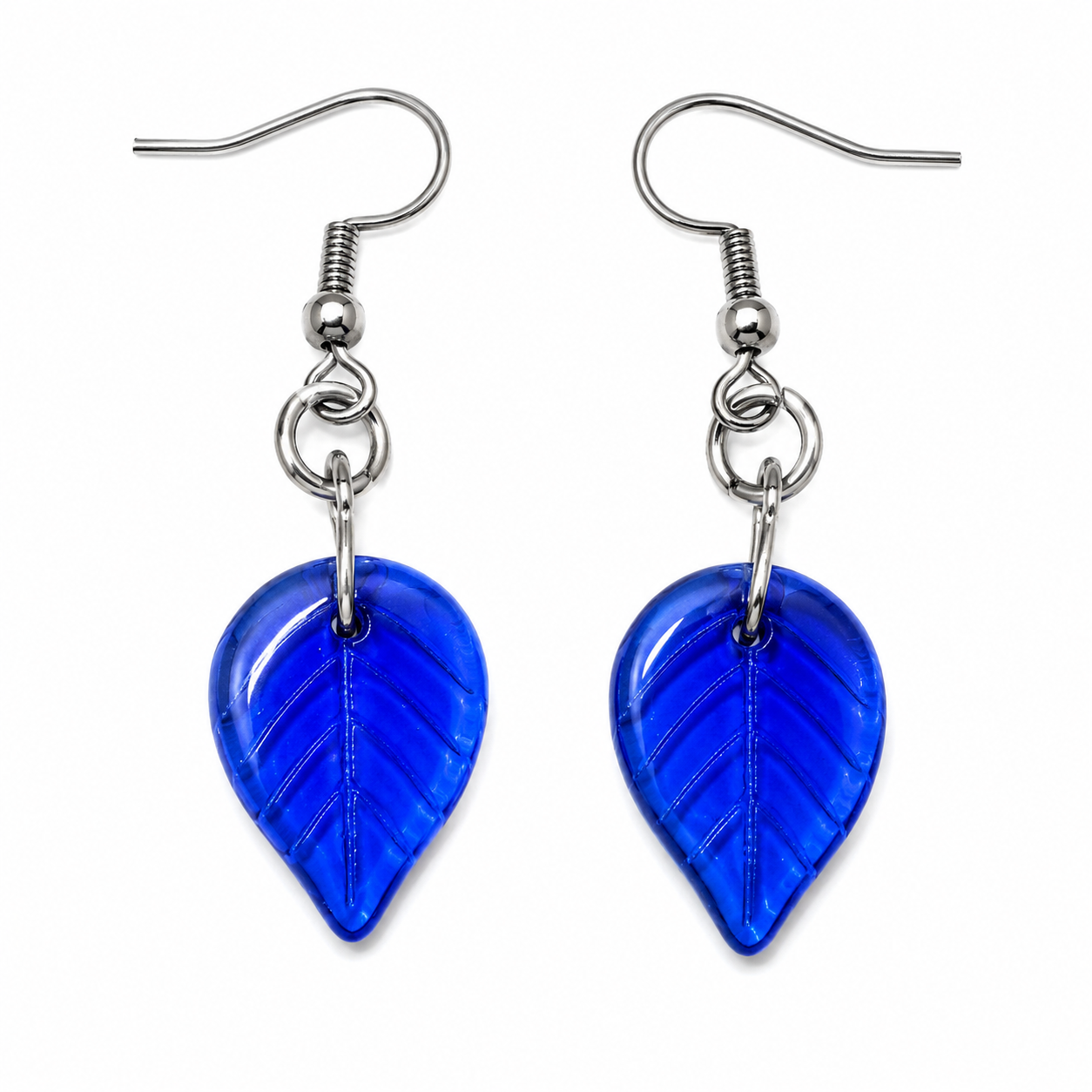Cobalt Blue Glass Leaf Earrings | Handcrafted Repurposed Glass Jewellery