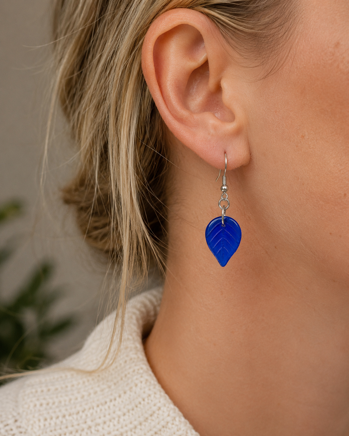 Cobalt Blue Glass Leaf Earrings | Handcrafted Repurposed Glass Jewellery