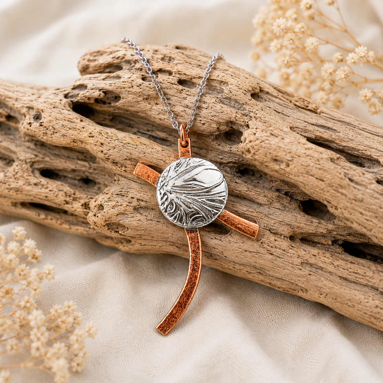 Copper & Silver Abstract Cross Pendant | Handcrafted Reclaimed Metal Jewellery