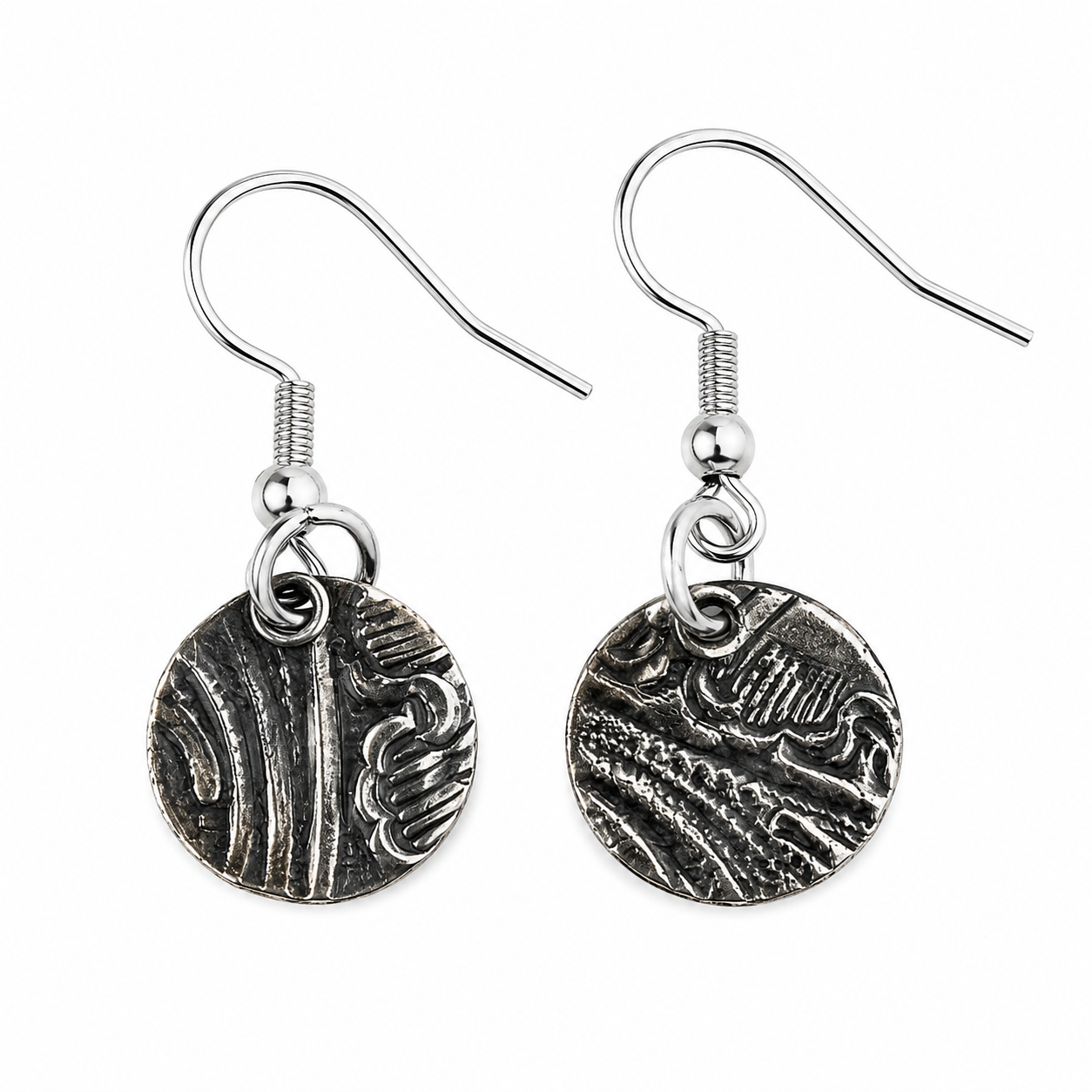 Textured Silver Disc Earrings | Handcrafted Repurposed Silver-Plated Jewellery