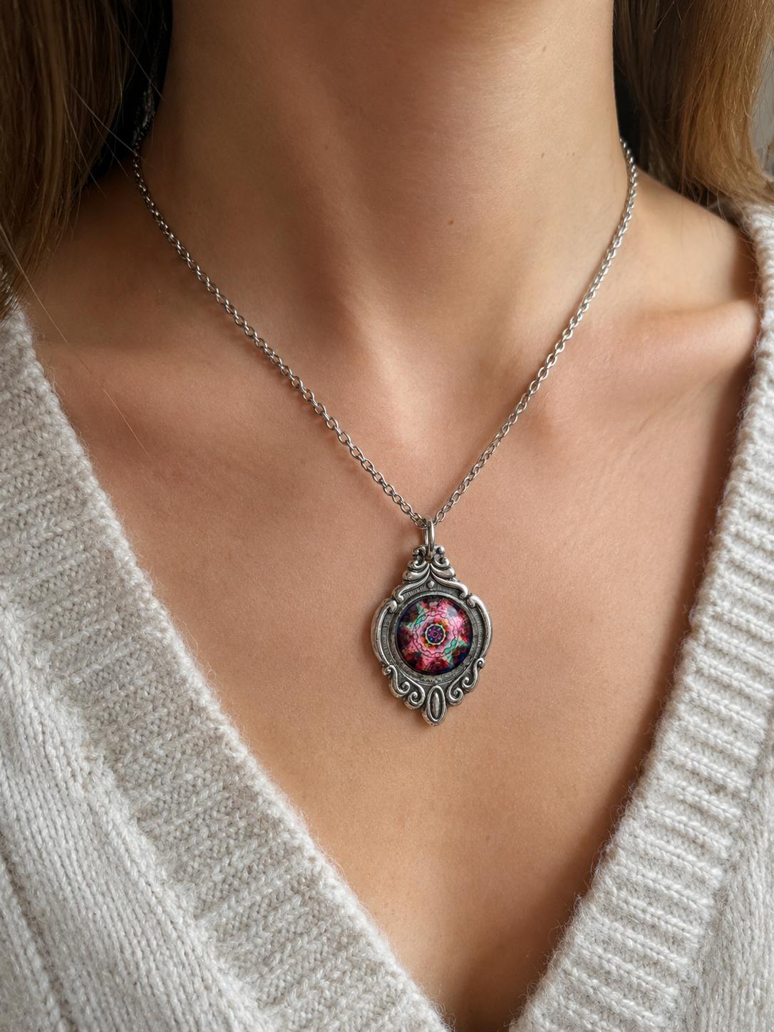 Kaleidoscope Pendant Necklace | Handcrafted Repurposed Silver Plated Jewellery