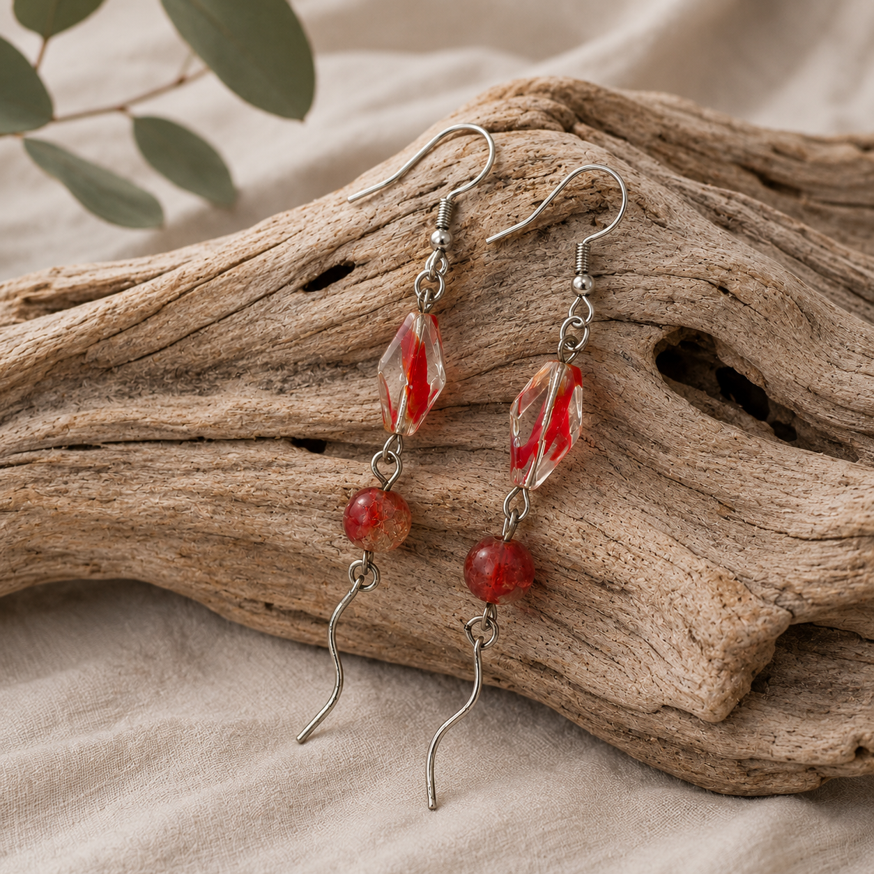 Red Glass Bead Drop Earrings | Handcrafted Reclaimed Glass Jewellery