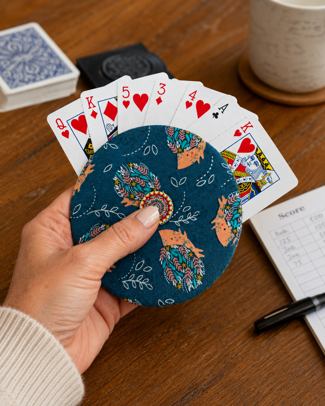 Reversible Hedgehog Card Holder | Handcrafted Reclaimed Fabric Card Game Accessory