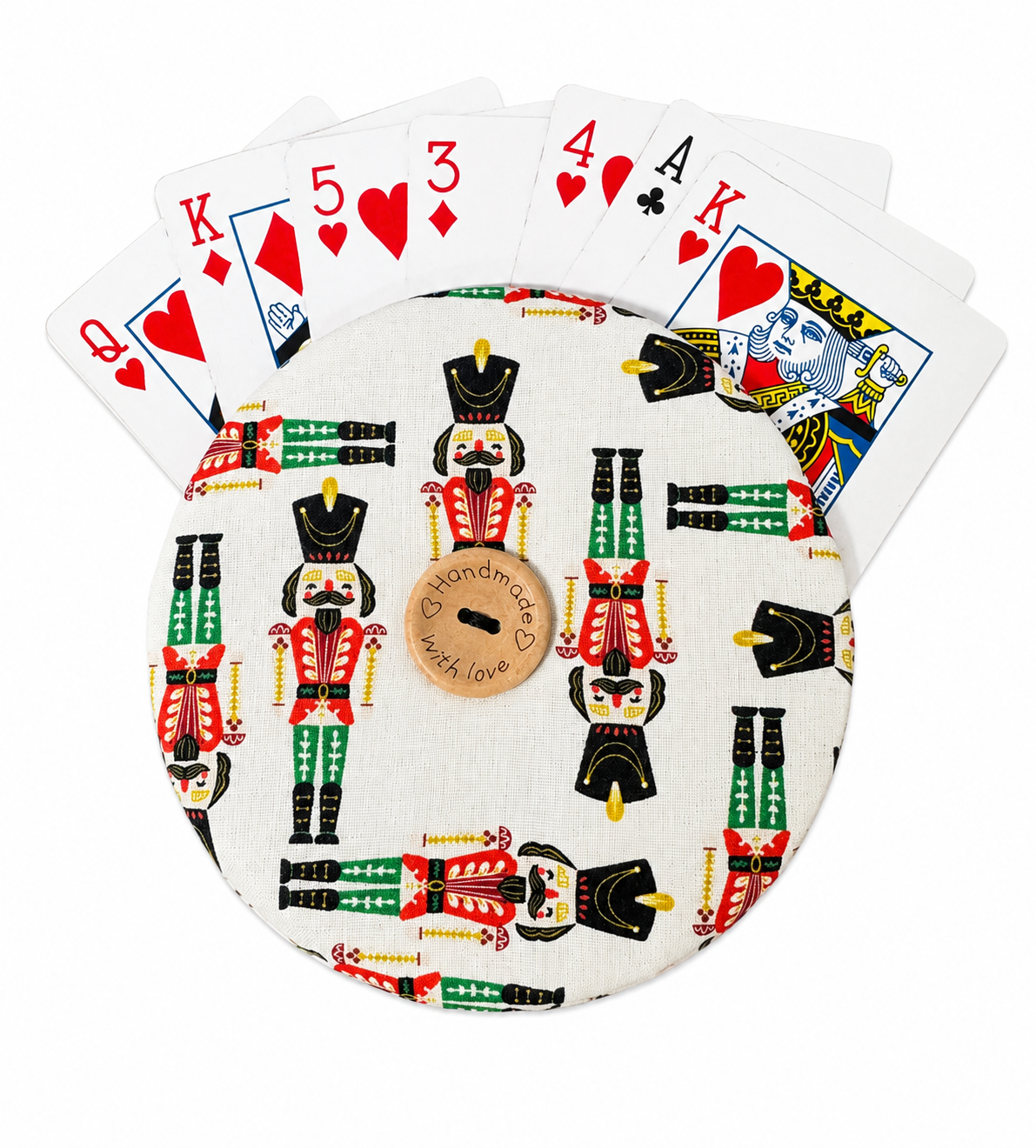 Reversible Nutcracker Card Holder | Handcrafted Reclaimed Fabric Card Game Accessory