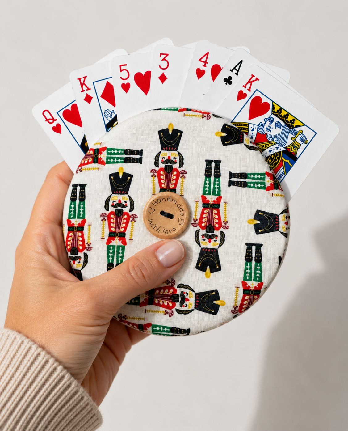 Reversible Nutcracker Card Holder | Handcrafted Reclaimed Fabric Card Game Accessory