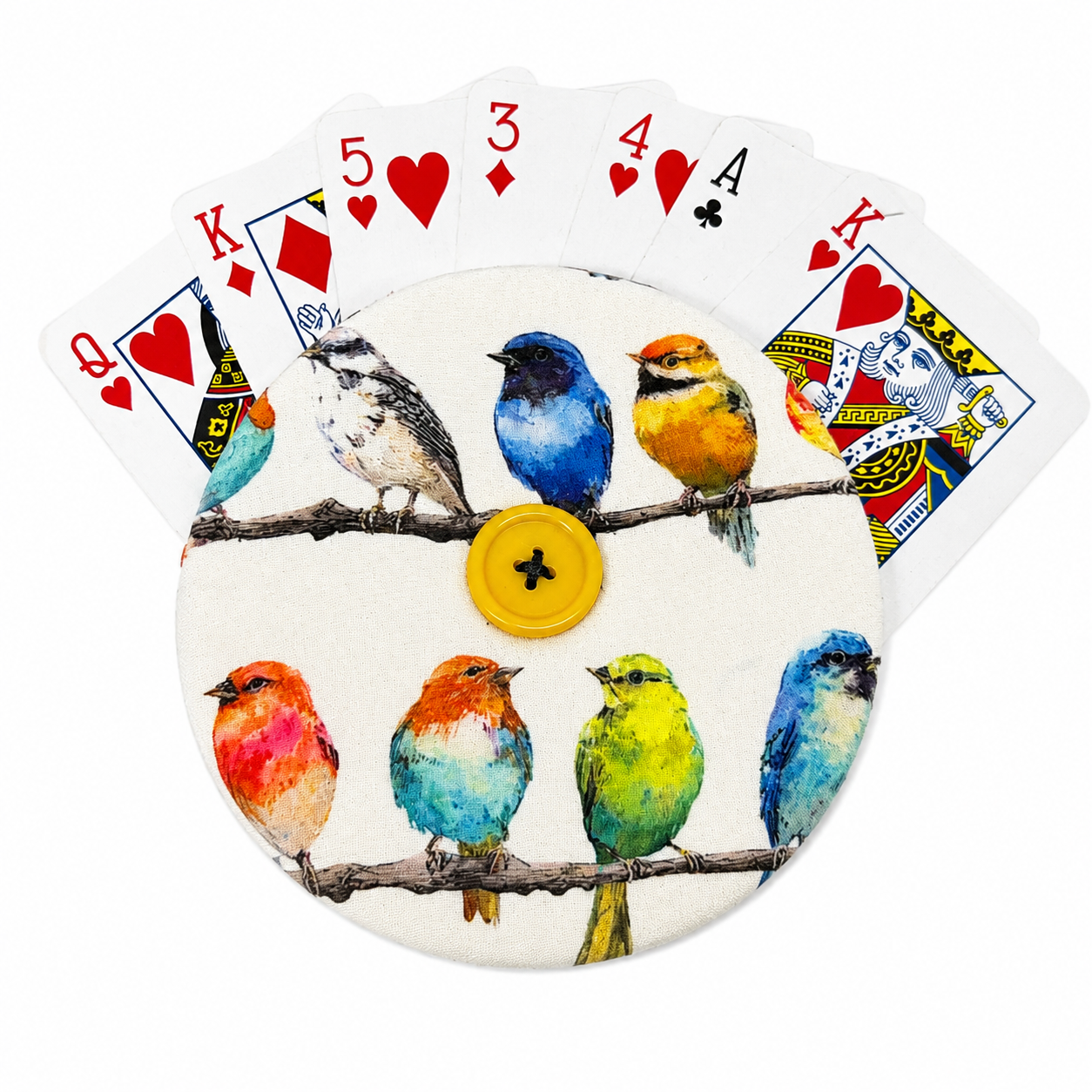 Reversible Birds and Trees Card Holder | Handcrafted Reclaimed Fabric Card Game Accessory