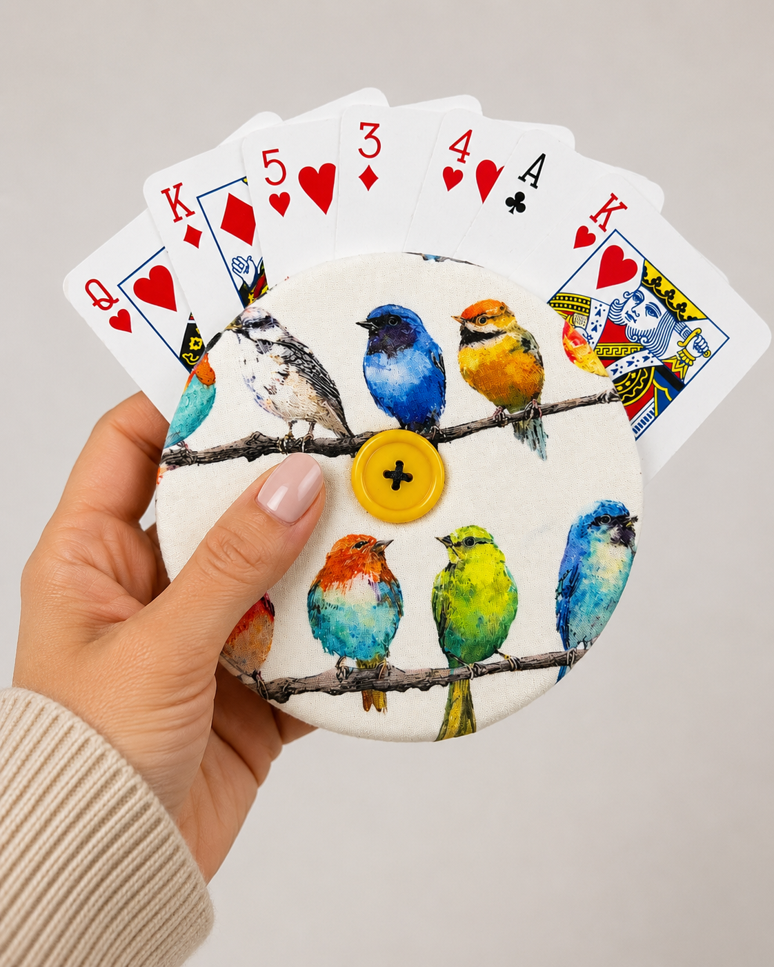 Reversible Birds and Trees Card Holder | Handcrafted Reclaimed Fabric Card Game Accessory