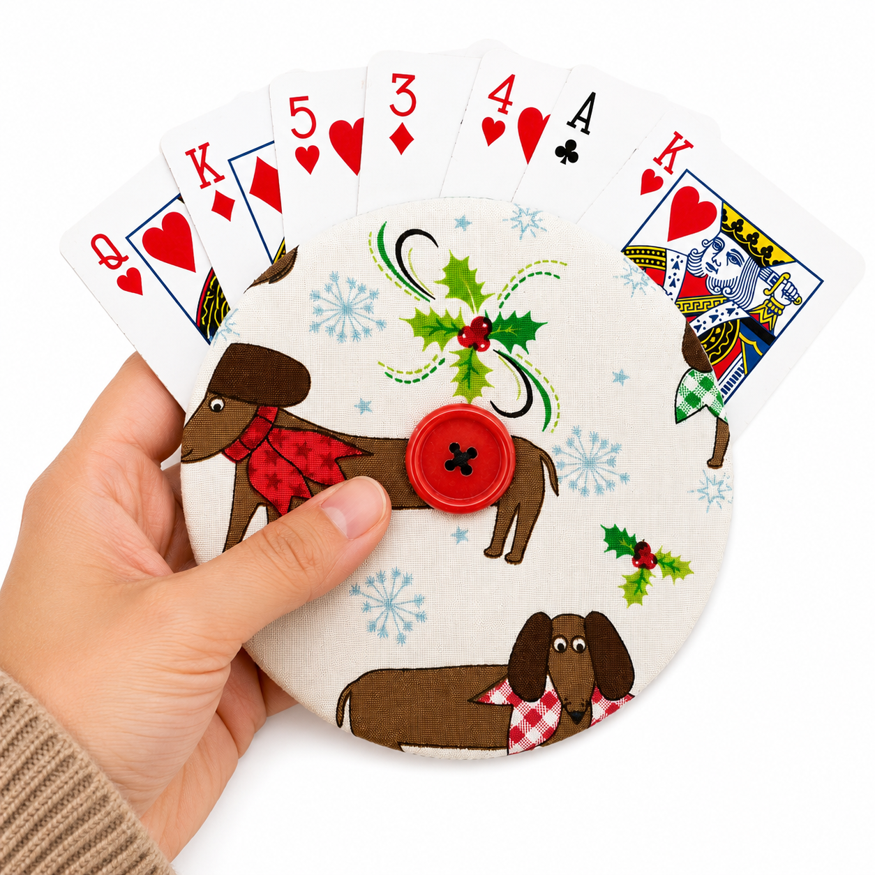 Reversible Festive Dachshund Card Holder | Handcrafted Reclaimed Fabric Card Game Accessory (Copy)