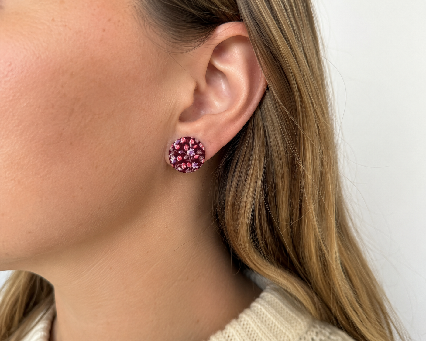Burgundy Floral Stud Earrings | Handcrafted Upcycled Fabric Jewellery