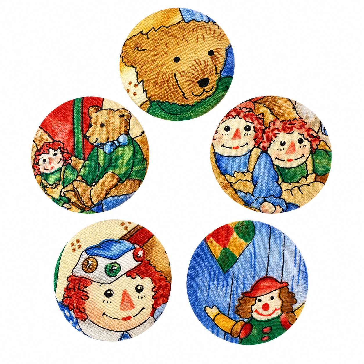 Set of 5 Teddy Bear & Rag Doll Textile Fridge Magnets | Handcrafted Reclaimed Fabric Home Décor