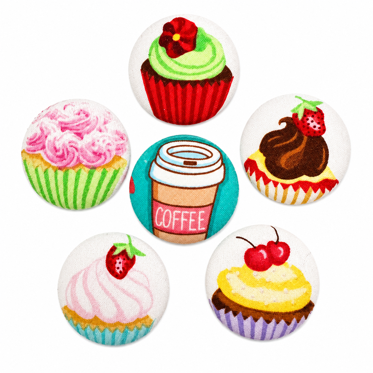 Set of 6 Cupcake & Coffee Textile Fridge Magnets | Handcrafted Reclaimed Fabric Home Décor
