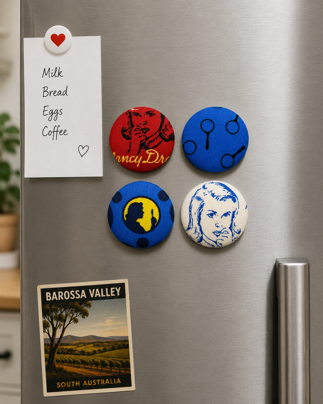 Set of 4 Retro Pop Art Nancy Drew Textile Fridge Magnets | Handcrafted Reclaimed Fabric Home Décor