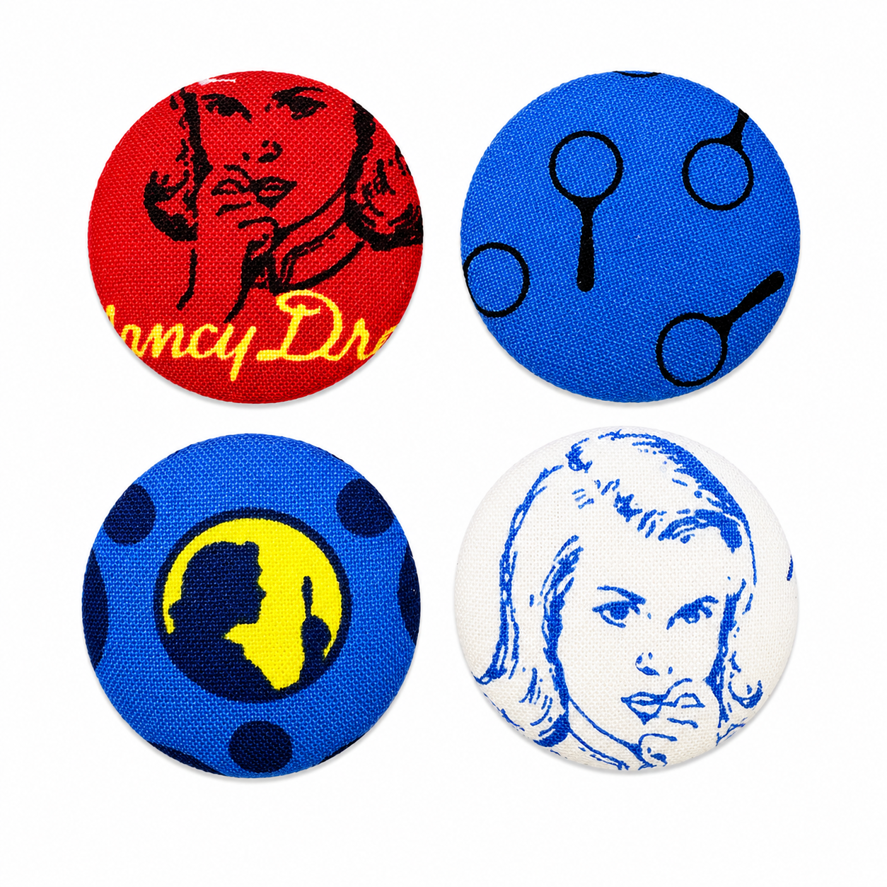 Set of 4 Retro Pop Art Nancy Drew Textile Fridge Magnets | Handcrafted Reclaimed Fabric Home Décor