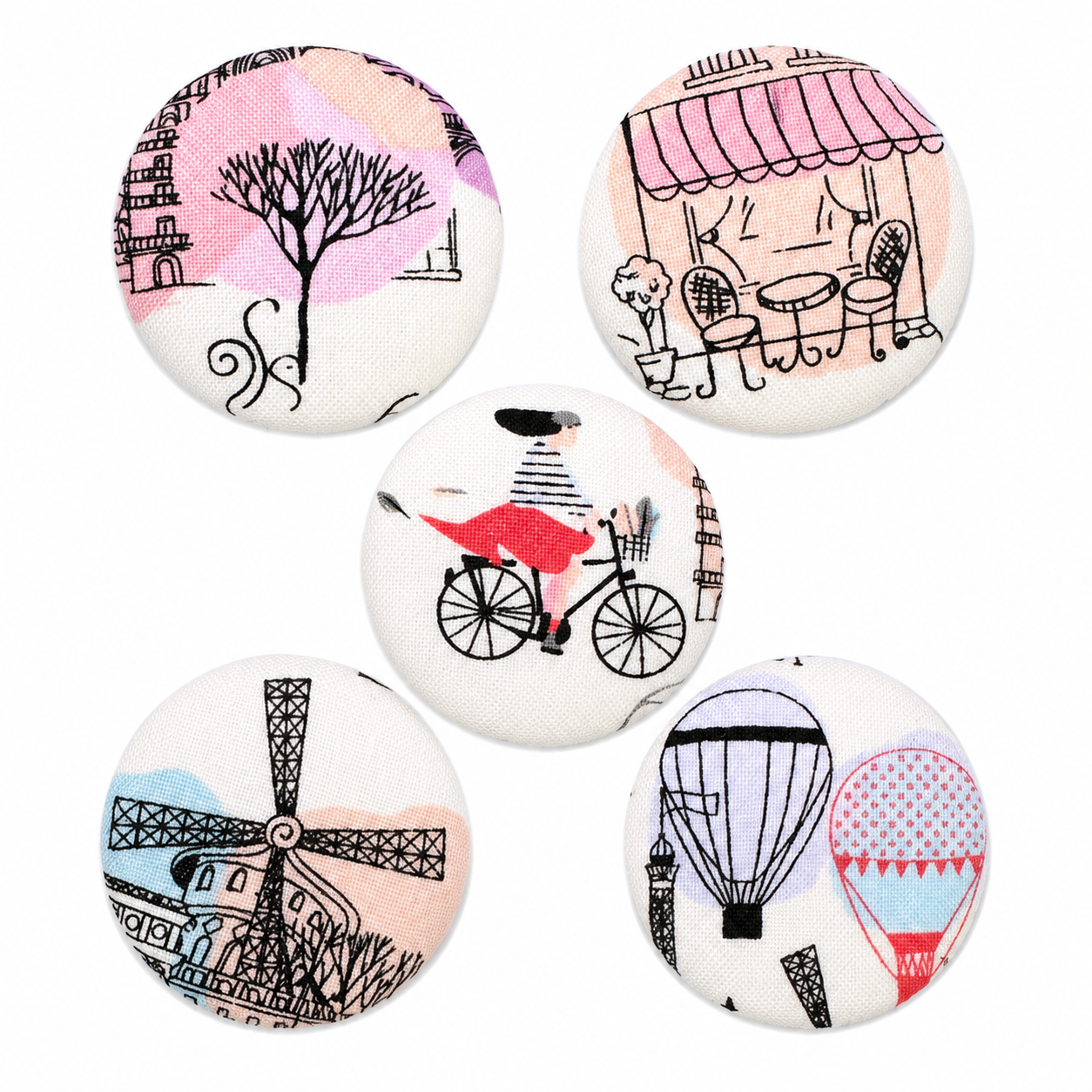 Set of 5 Parisian Travel Textile Fridge Magnets | Handcrafted Reclaimed Fabric Home Décor