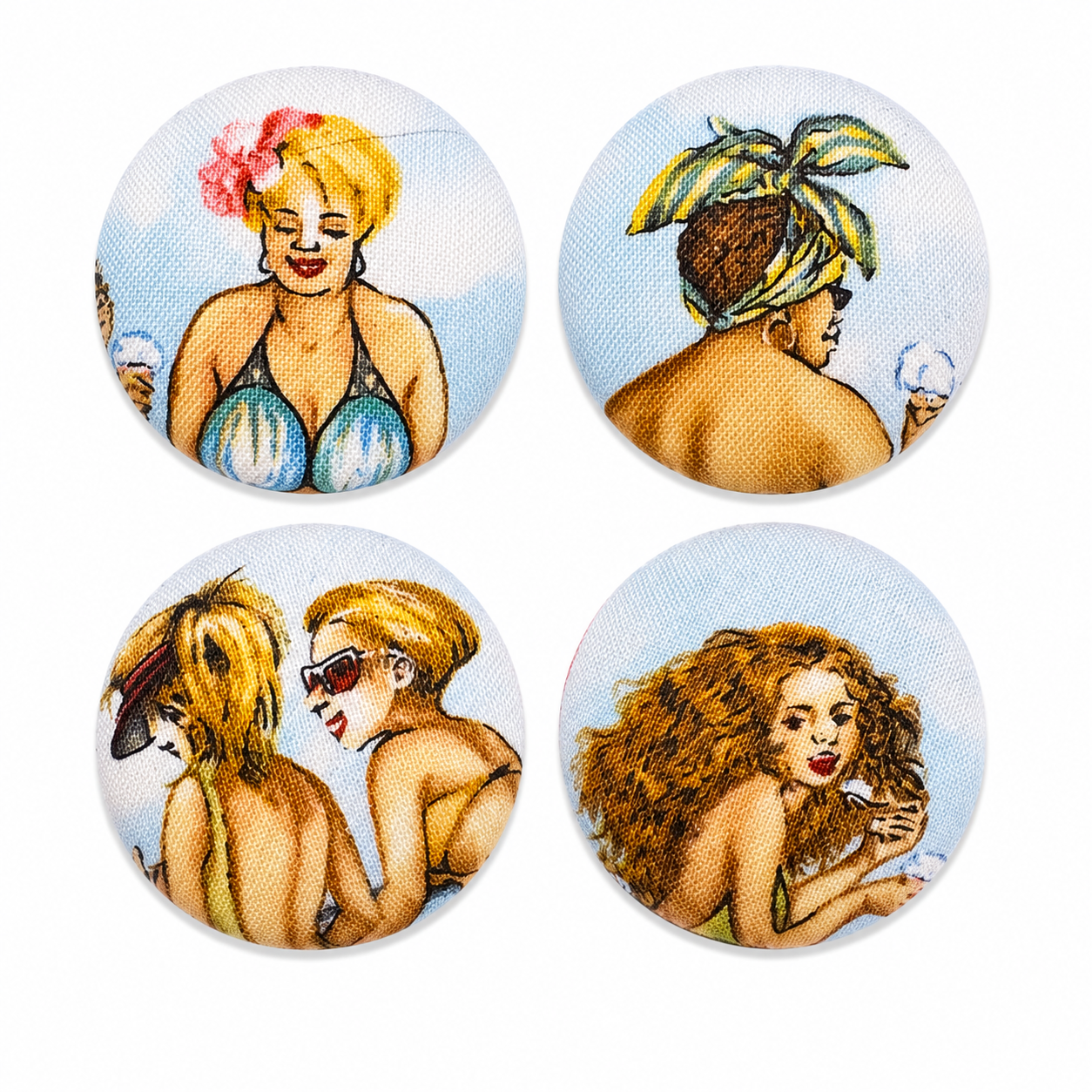 Set of 4 Vintage Beach Pin-Up Textile Fridge Magnets | Handcrafted Reclaimed Fabric Home Décor