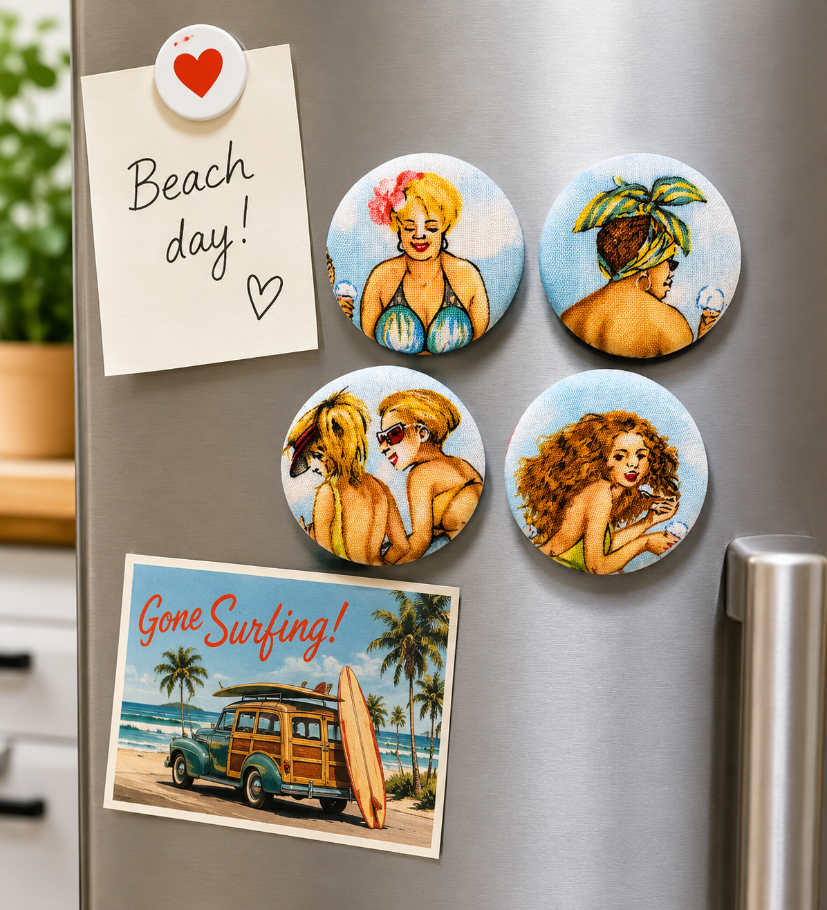 Set of 4 Vintage Beach Pin-Up Textile Fridge Magnets | Handcrafted Reclaimed Fabric Home Décor