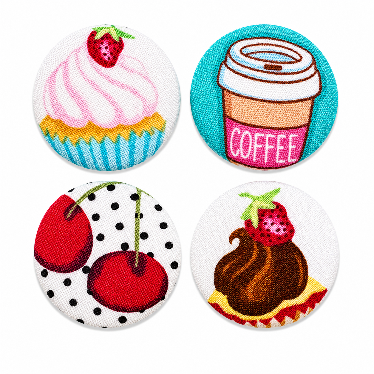 Cupcakes, Cherries & Coffee Textile Fridge Magnets | Handcrafted Reclaimed Fabric Home Décor