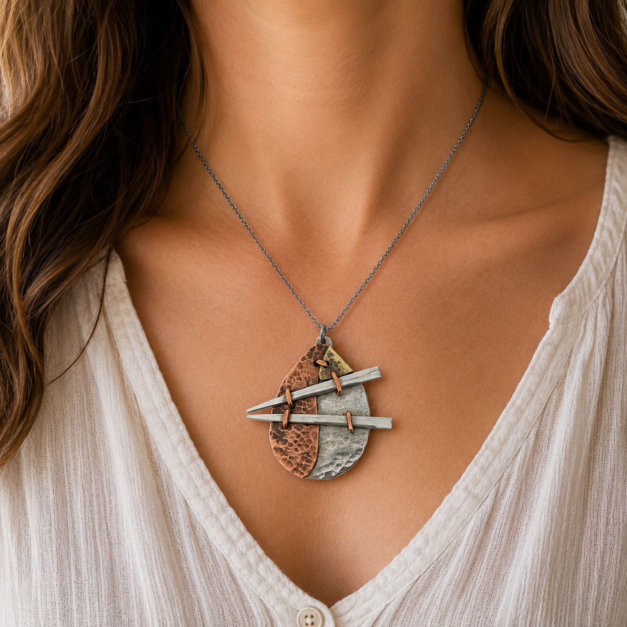 Mixed Metals Pendant Necklace | Reclaimed Silver Plate, Copper & Brass