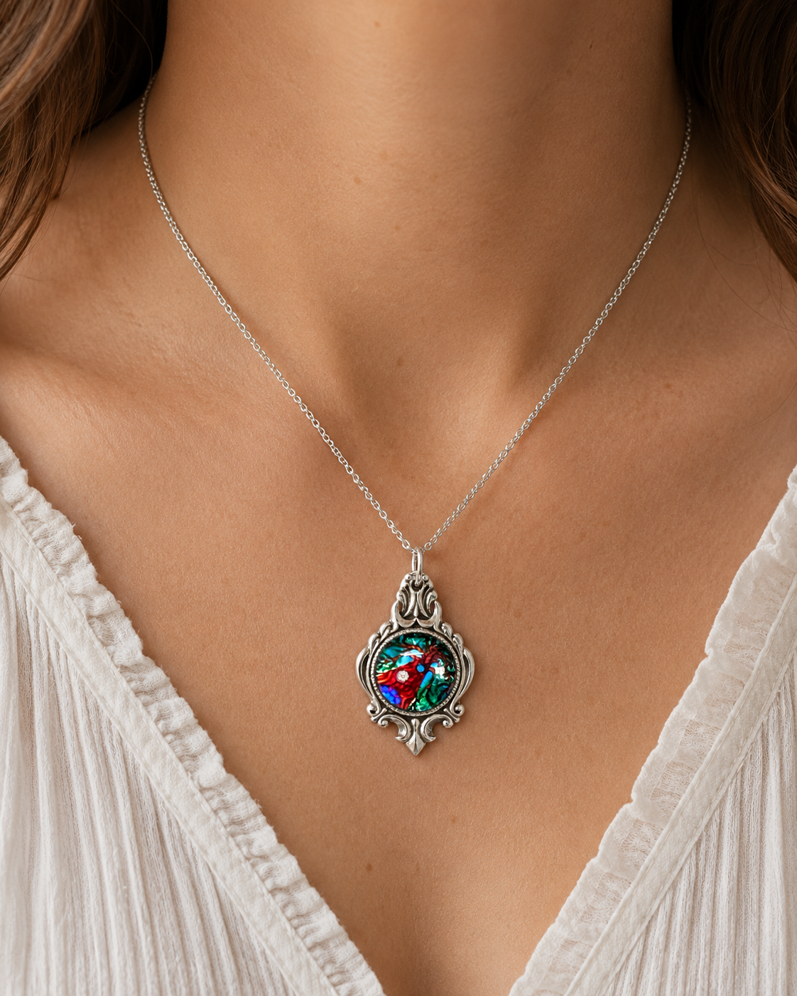 Abstract Glass Pendant Necklace | Handcrafted Reclaimed Silver-Plated Spoon Jewellery