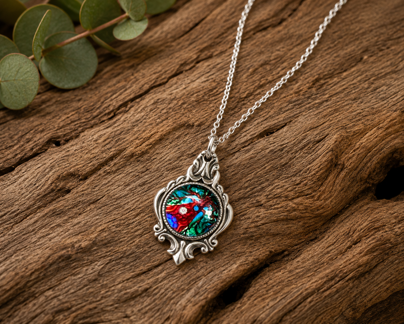 Abstract Glass Pendant Necklace | Handcrafted Reclaimed Silver-Plated Spoon Jewellery