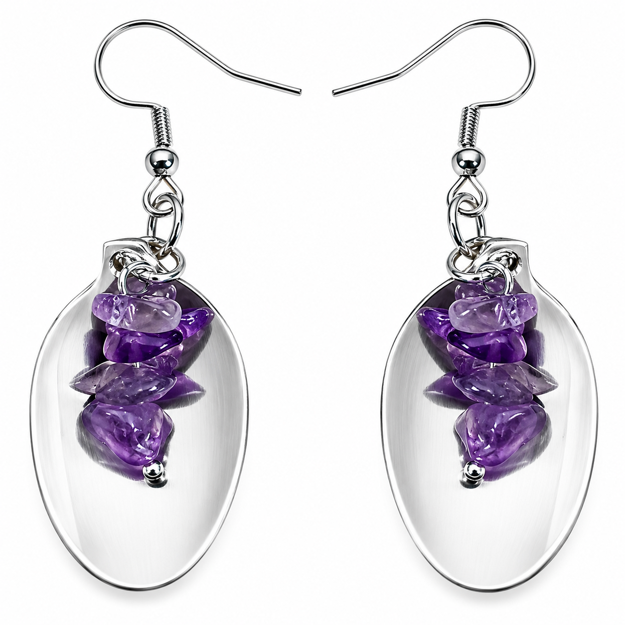 Vintage Spoon & Amethyst Chip Earrings | Handcrafted Reclaimed Jewellery