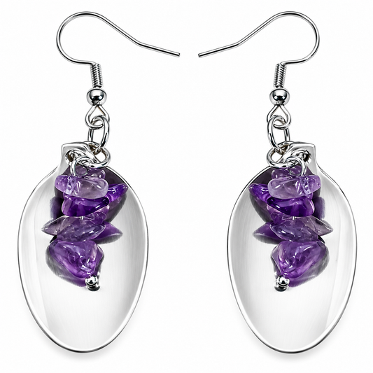 Vintage Spoon & Amethyst Chip Earrings | Handcrafted Reclaimed Jewellery