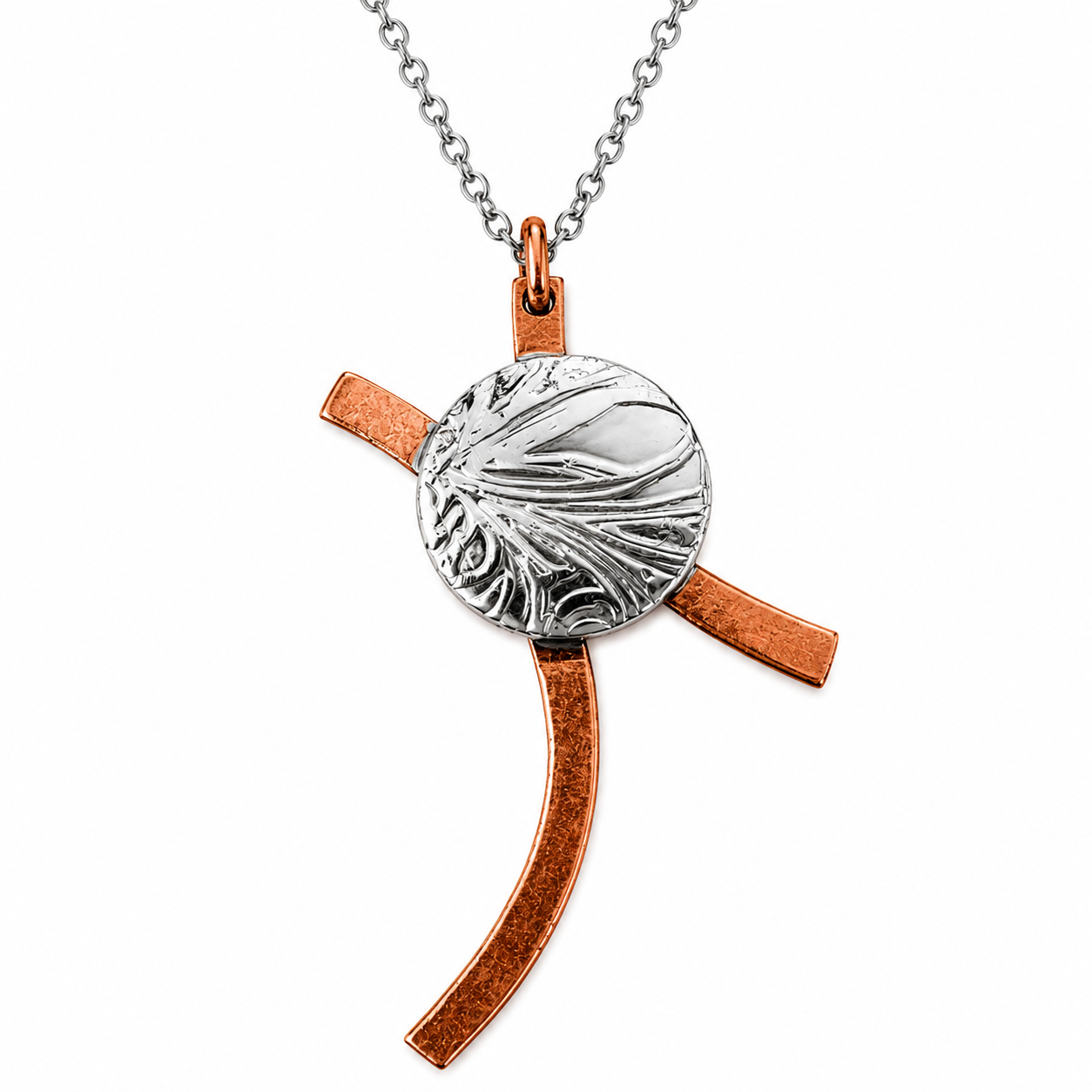 Copper & Silver Abstract Cross Pendant | Handcrafted Reclaimed Metal Jewellery
