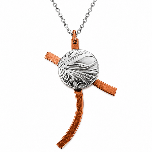 Copper & Silver Abstract Cross Pendant | Handcrafted Reclaimed Metal Jewellery