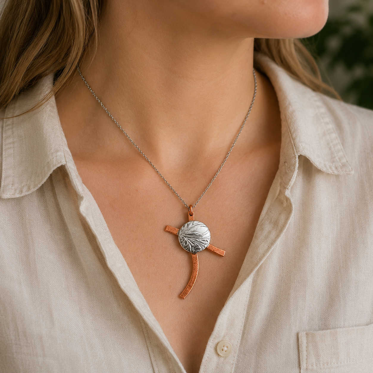 Copper & Silver Abstract Cross Pendant | Handcrafted Reclaimed Metal Jewellery