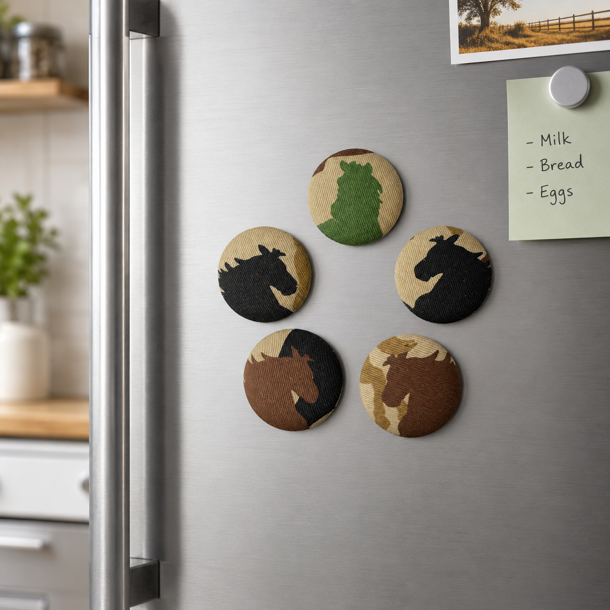 Set of 5 Camo Horses Fabric Covered Fridge Magnets | Handcrafted Reclaimed Textile Home Décor (Copy)