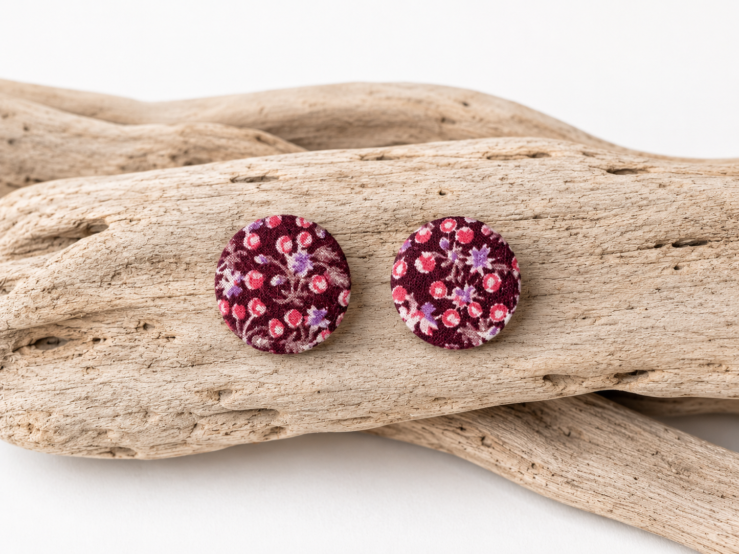 Burgundy Floral Stud Earrings | Handcrafted Upcycled Fabric Jewellery