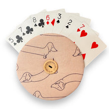 Load image into Gallery viewer, Upcycled double sided round padded playing card holder for kids or adults DACHSHUND &amp; BUTTERFLY
