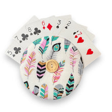 Load image into Gallery viewer, Upcycled double sided round padded playing card holder for kids or adults PAINTED FEATHERS
