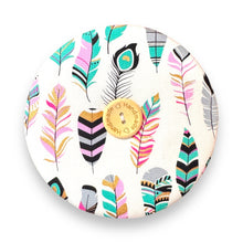 Load image into Gallery viewer, Upcycled double sided round padded playing card holder for kids or adults PAINTED FEATHERS
