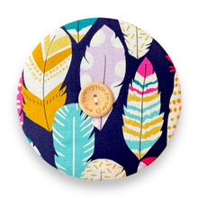 Load image into Gallery viewer, Upcycled double sided round padded playing card holder for kids or adults PAINTED FEATHERS
