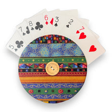 Load image into Gallery viewer, Upcycled double sided round padded playing card holder for kids or adults COLOURFUL STRIPES
