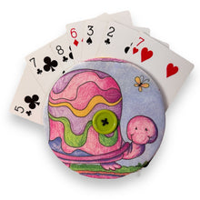 Load image into Gallery viewer, Upcycled double sided round padded playing card holder for kids or adults PSYCHEDELIC TURTLE
