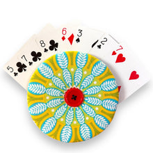 Load image into Gallery viewer, Upcycled double sided round padded playing card holder for kids or adults FLOWER &amp; BIRDS
