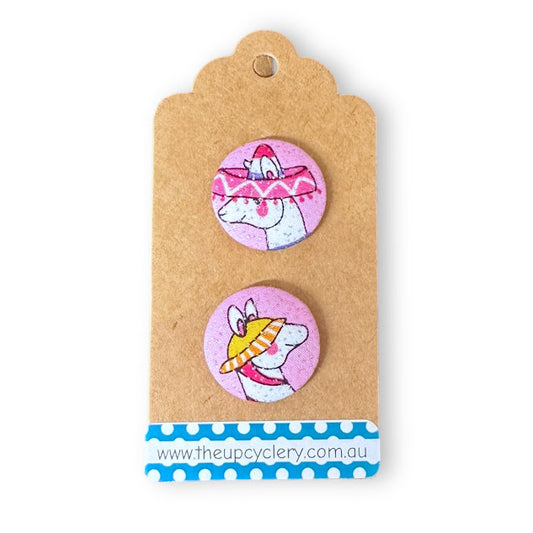 Upcycled fabric covered stud earrings with stainless steel posts - Pink Sparkly Alpacas