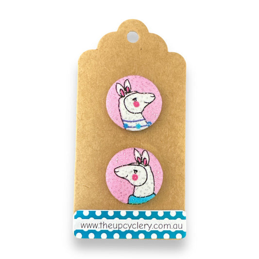 Upcycled fabric covered stud earrings with stainless steel posts - Pink Sparkly Alpacas