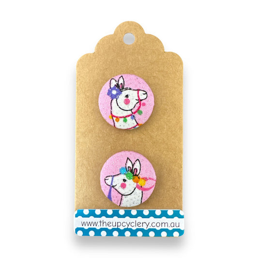Upcycled fabric covered stud earrings with stainless steel posts - Pink Sparkly Alpacas
