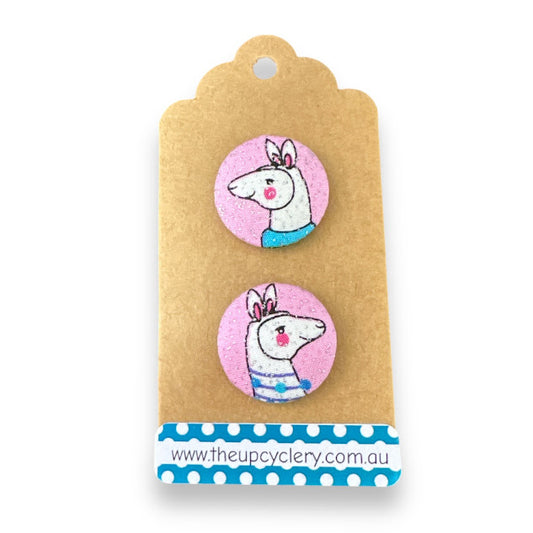 Upcycled fabric covered stud earrings with stainless steel posts - Pink Sparkly Alpacas
