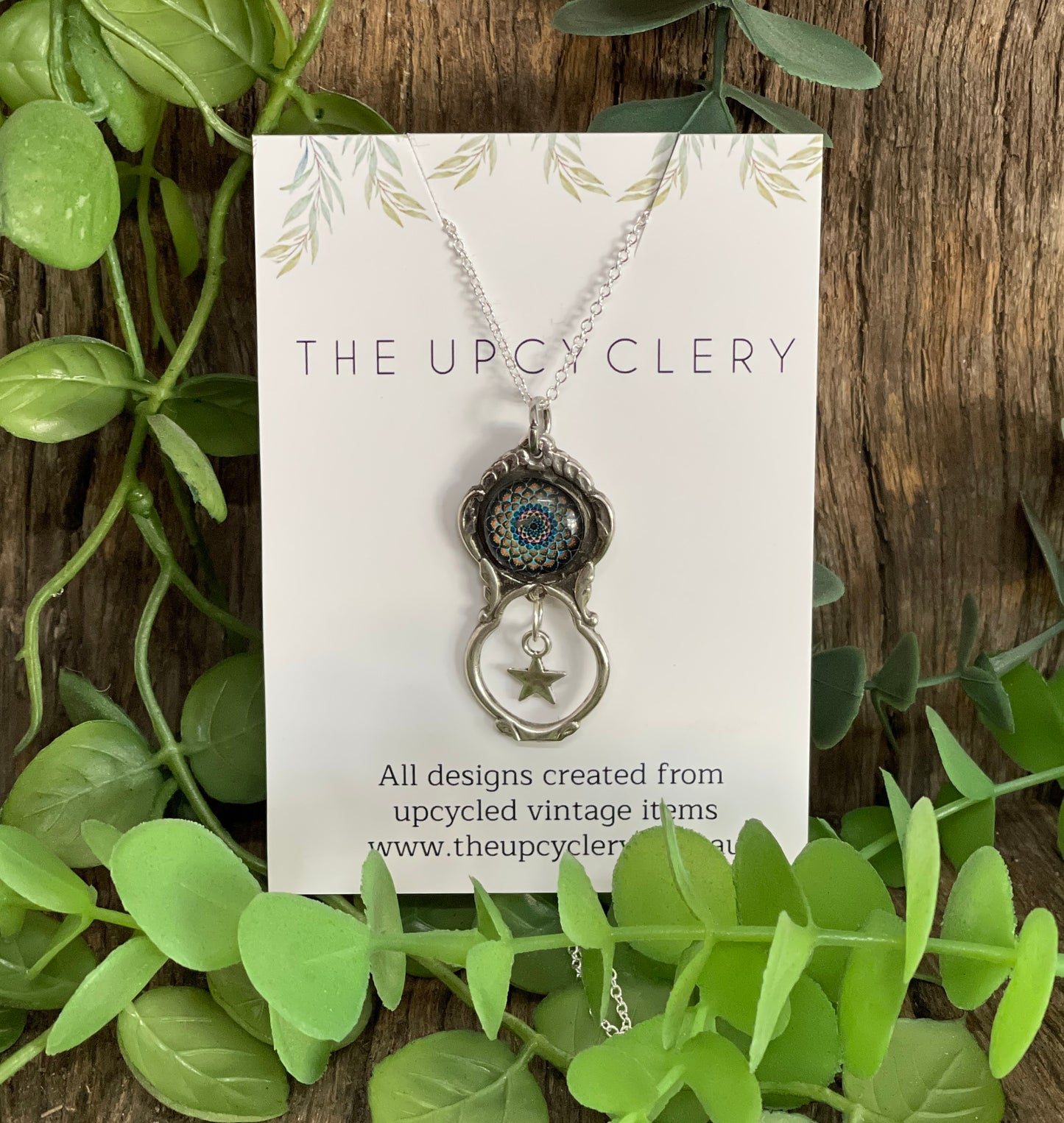 Stunning upcycled repurposed silver plated & mandala glass pendant necklace made from vintage spoon