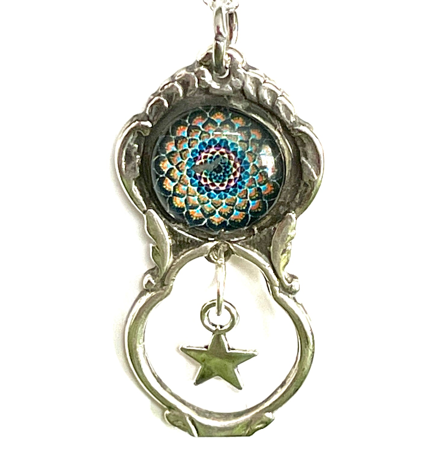 Stunning upcycled repurposed silver plated & mandala glass pendant necklace made from vintage spoon