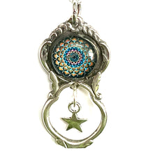 Load image into Gallery viewer, Stunning upcycled repurposed silver plated &amp; mandala glass pendant necklace made from vintage spoon
