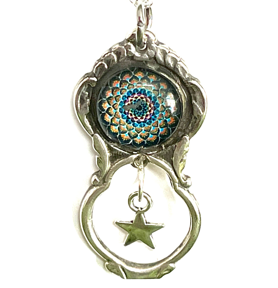 Stunning upcycled repurposed silver plated & mandala glass pendant necklace made from vintage spoon