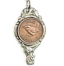 Load image into Gallery viewer, Cool upcycled repurposed silver plated &amp; 1949 farthing coin pendant necklace made from vintage spoon
