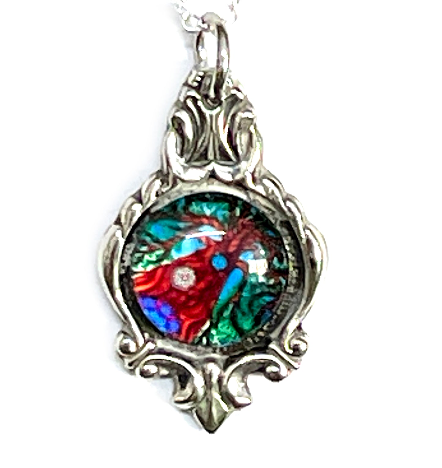 Stunning upcycled repurposed silver plated & glass pendant necklace made from vintage spoon