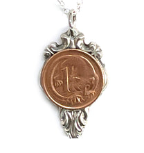 Load image into Gallery viewer, Stunning upcycled repurposed silver plated &amp; 1c coin pendant necklace made from vintage spoon
