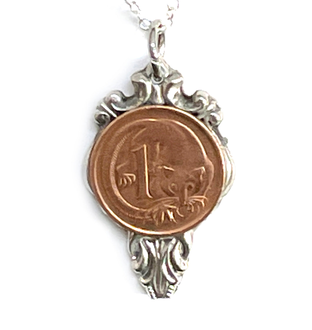 Stunning upcycled repurposed silver plated & 1c coin pendant necklace made from vintage spoon